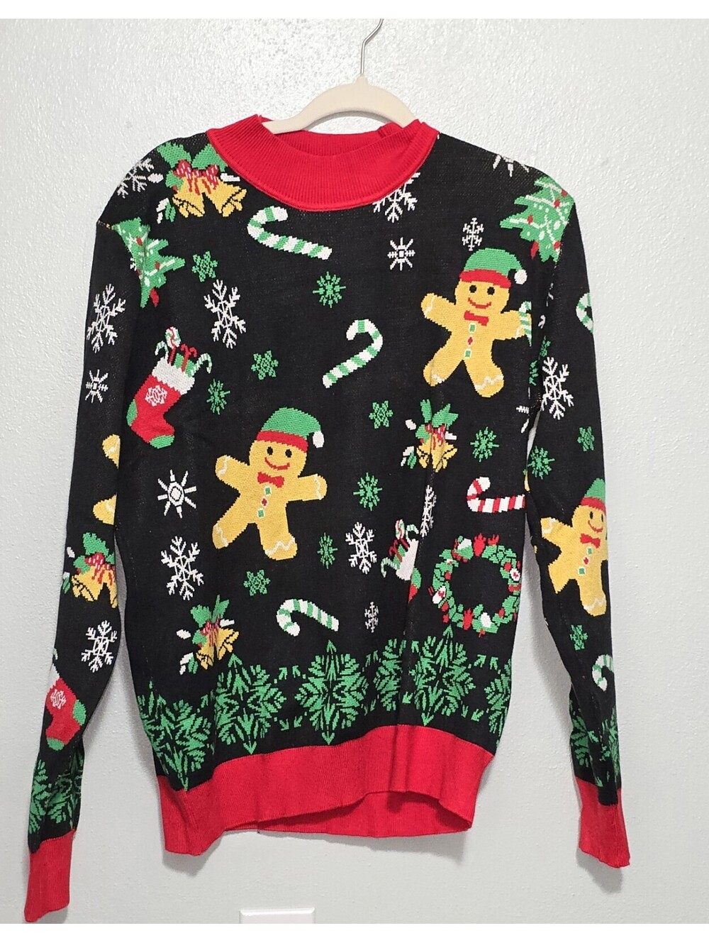 Ugly Christmas Sweater Large L Black Gingerbread Man Candy Cane Knit Holiday